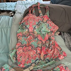 Swim top and matching bottom.  Green, coral and blue paisley like pattern.